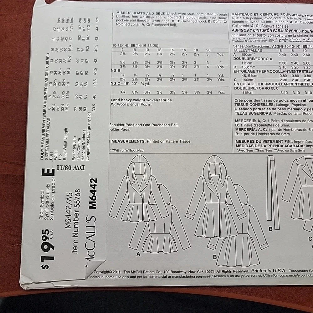 McCall's M6442 Wrap Coat Sewing Pattern Hooded Jacket Sz 6-14 UNCUT